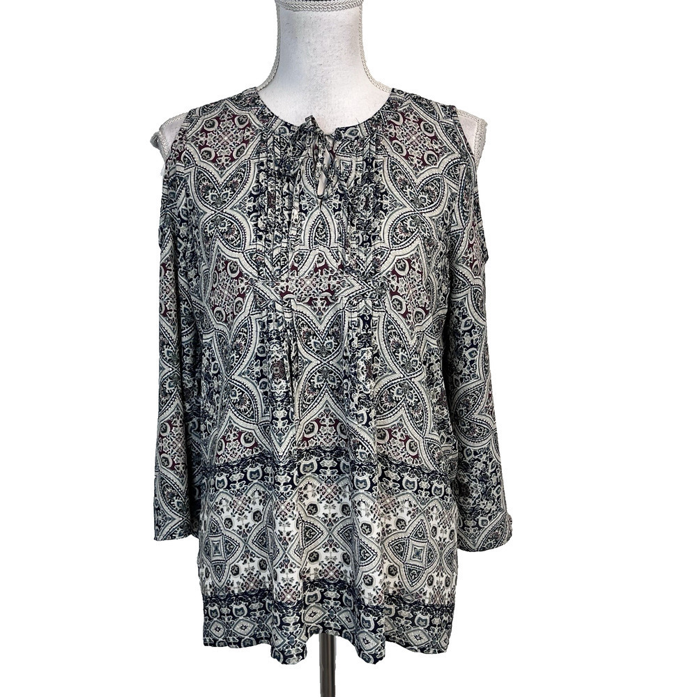 The Limited Blouse size Small Navy Blue Burgundy Paisley Sheer Cold Shoulder